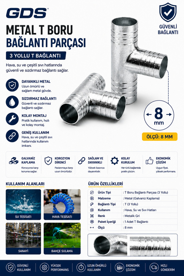 Gds 8 mm Metal t Pipe Fitting 3 Way Galvanized Hose Attachment
