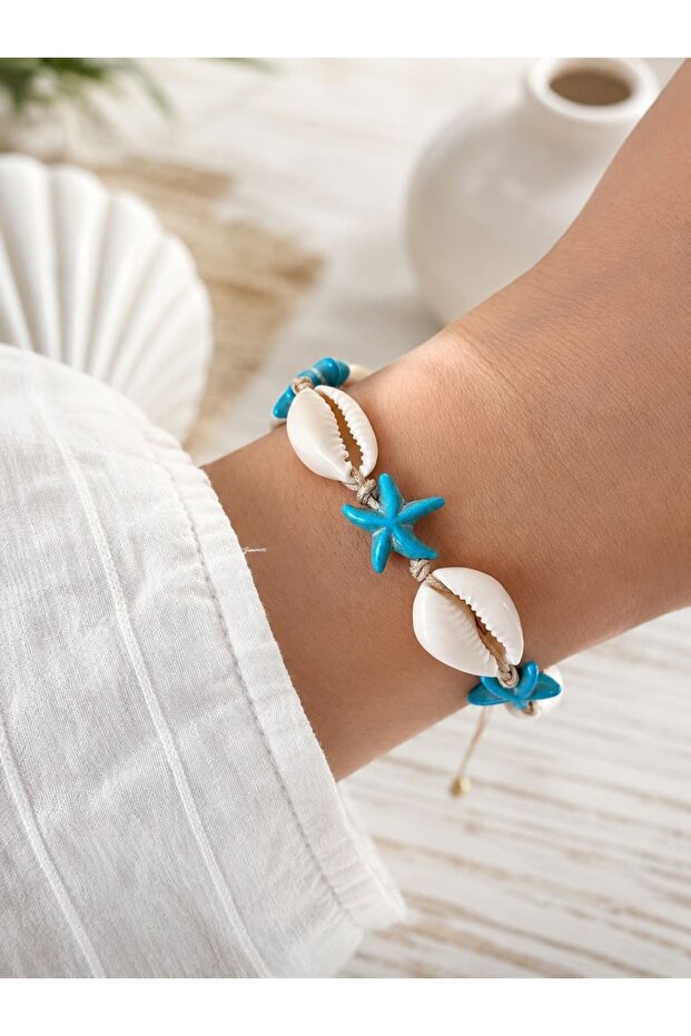 Turquoise Starfish and Seashell Detailed Adjustable Bracelet