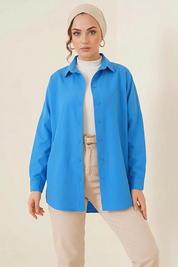 Women's Comfortable Cut Basic Oversize Cotton Cobalt Blue Hijab Shirt