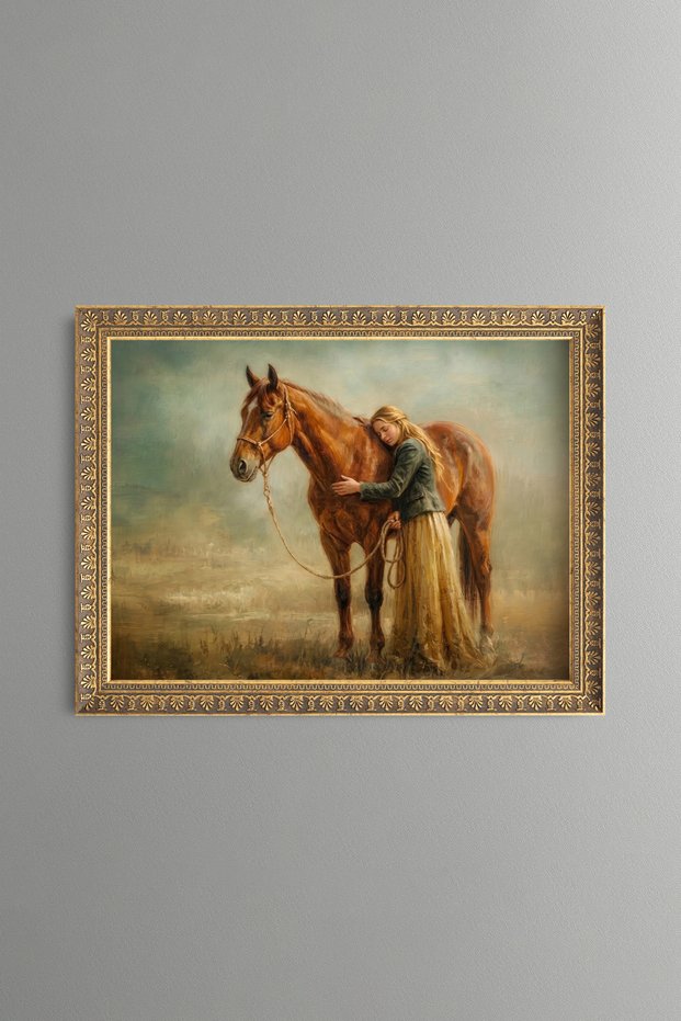 Loving Horse and Girl Composition - Vintage Patterned Frame - Slim Model