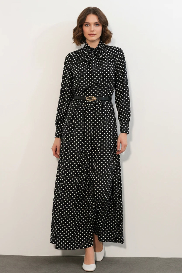 Women's Scarf Collar Belted Polka Dot Black Hijab Dress