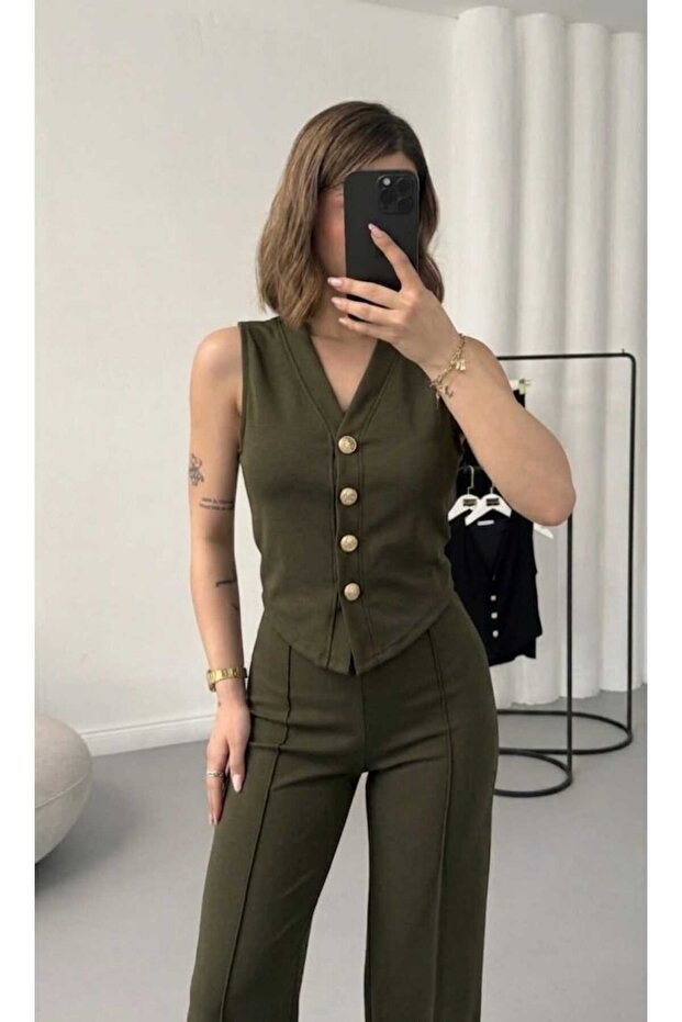 Women's Gold Buttoned Vest & Wide-Leg Pants Set
