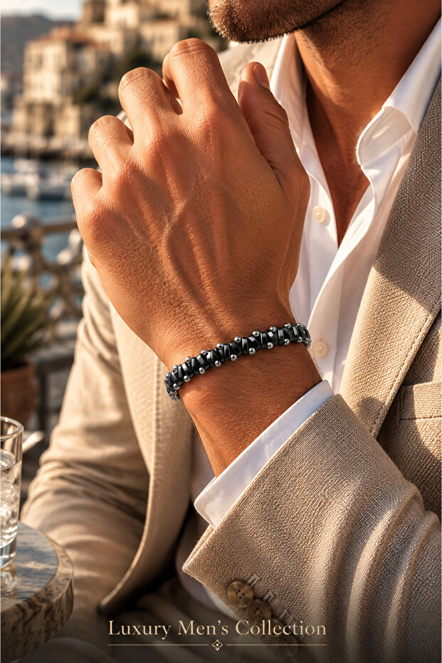 Luxury Men's Black Macrame Knitted Detailed Beaded Bracelet