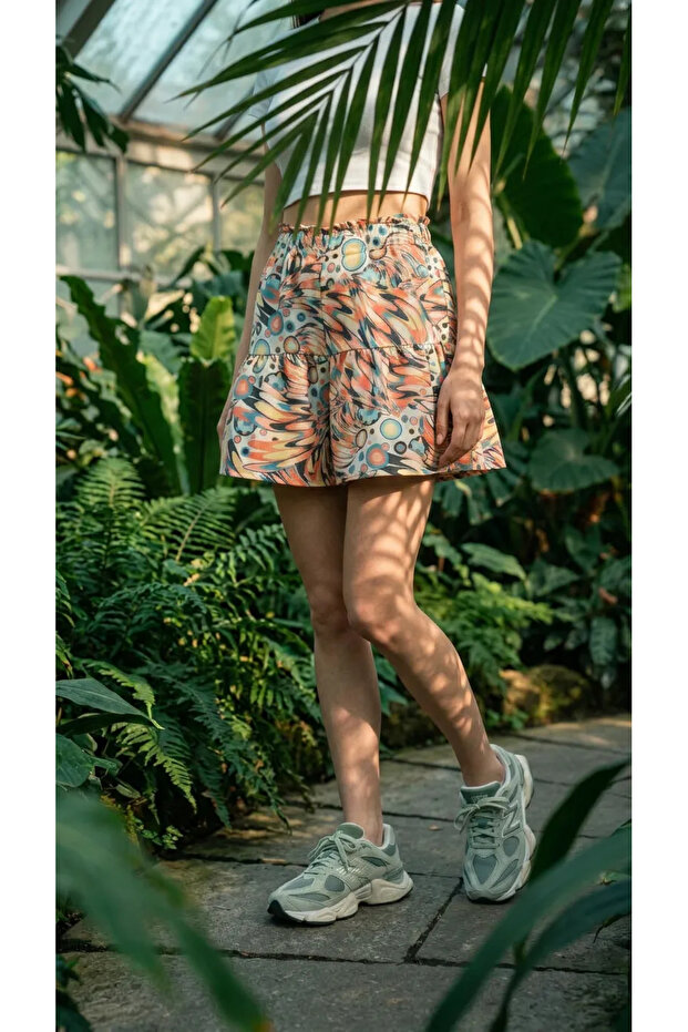 Skirt-Like Patterned High Waist Elastic Shorts (12-16 Years)