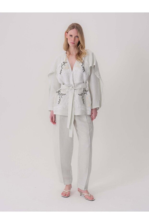 Embroidery and lace detailed linen jacket