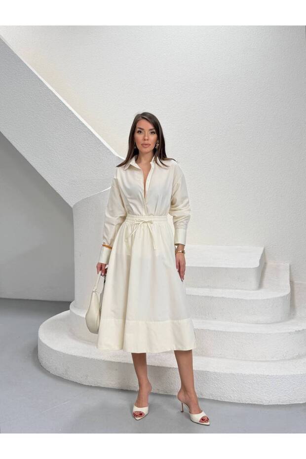 Premium Poplin Fabric Shirt Collar Waist Gathered Midi Dress