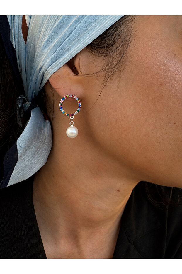 Colorful Stone and Pearl Silver Color Earring Pair 4 cm