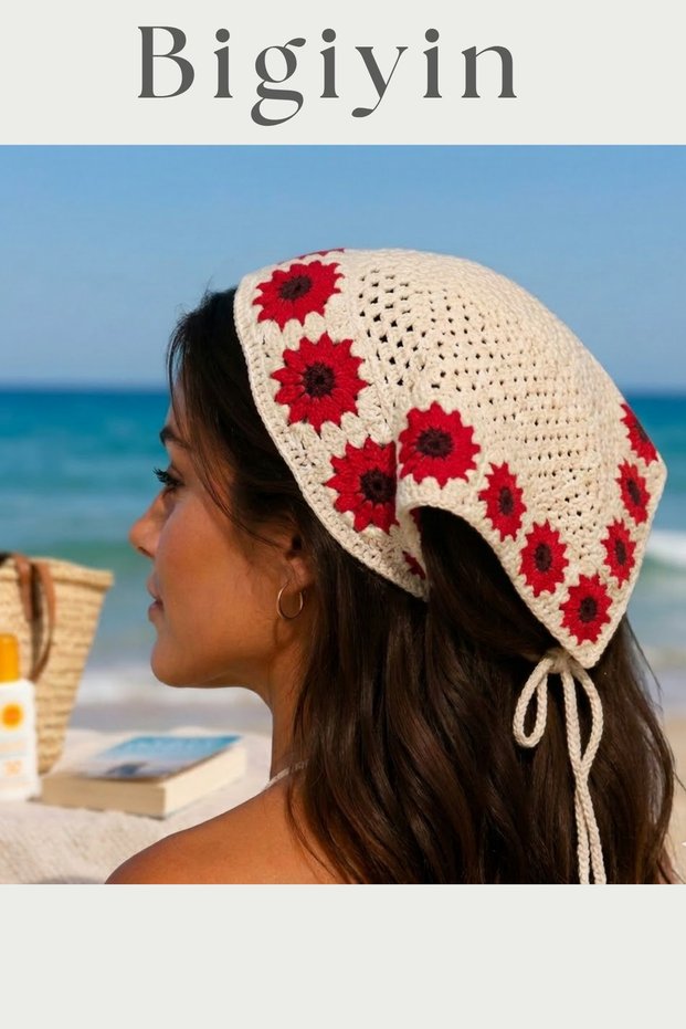 Women's Floral Motif Hand Knitted Bandana Bohemian Summer Hairband Headscarf Crochet Floral Knitted Bandana Retro Tie-Up Beach Hair Accessory