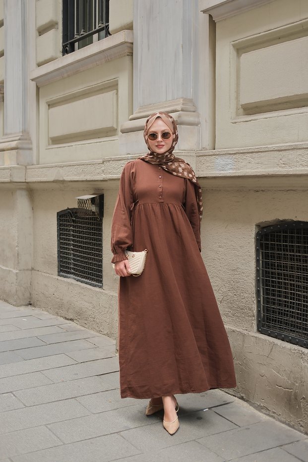 Women's Side Tie Detailed Crew Neck Dress Brown