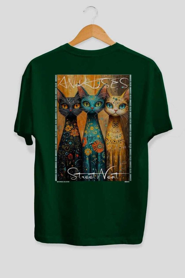 46 Cats for the Sake of Cats Printed Green Oversize T-Shirt 100% Cotton Unisex Cat Lover Premium Design