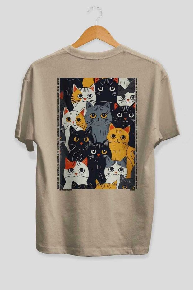 For the Love of Cats 27 Cats Printed Beige Oversize T-Shirt 100% Cotton Unisex Cat Lover Premium Design