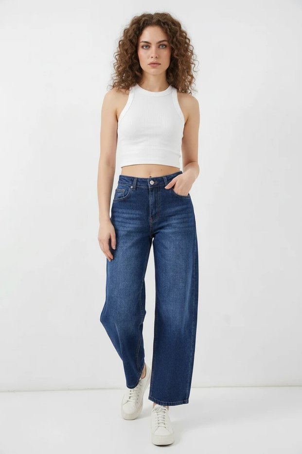 Women's High Waist Denim Navy Blue Trousers