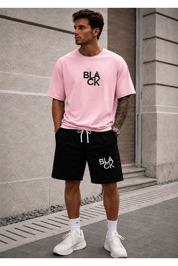 Unisex Wide Cut T-Shirt and Shorts Black Print Set