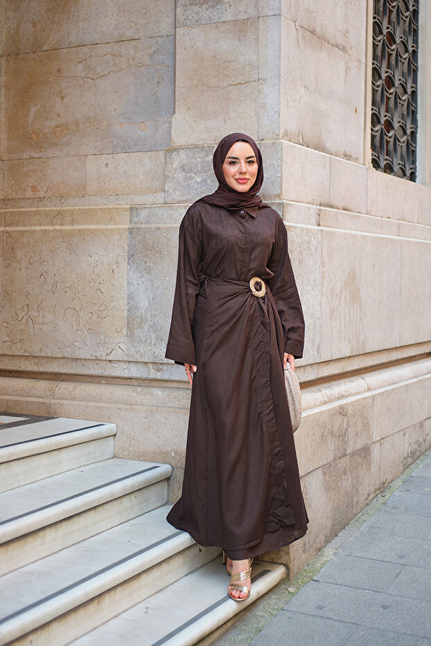 Women's Hidden Button Detailed Straw Trousers Set Brown