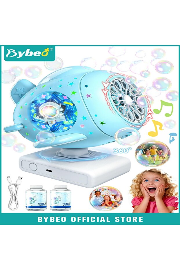 Kids' Bubble Machine, Spaceship Bubble Blower, Portable Bubble Maker with Music and Colourful Lights, Rechargeable Bubble Blowing Toys with 260ML Bubble Solution, Auto 360° Rotation