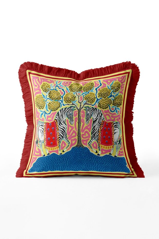 Two Zebras under the Tree Patterned Fringed Throw Pillow Cover - Colorful Pillowcase with Red Tassels