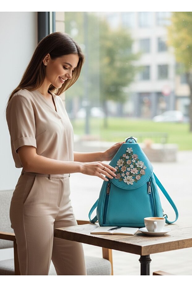 Genuine Leather, Designer Hand-Crafted Flower-Embellished Turquoise Backpack