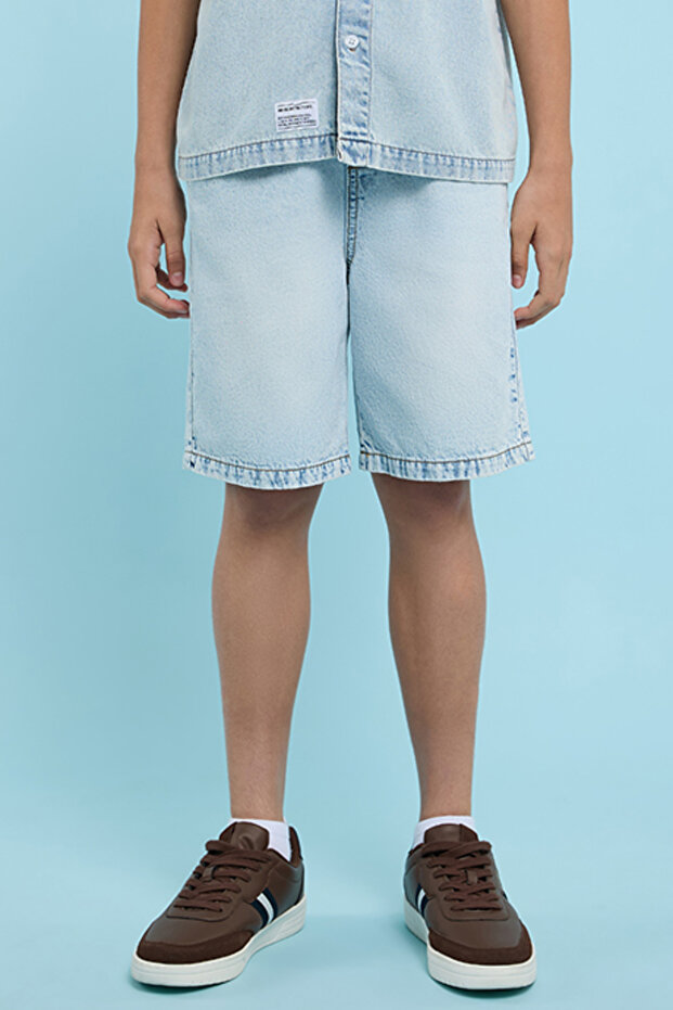 Faded Denim Shorts with Drawstring Waist