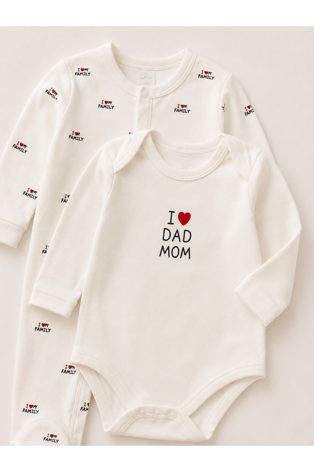 I Love Dad Mom Printed Beret 3-Piece Jumpsuit Set 100% Cotton