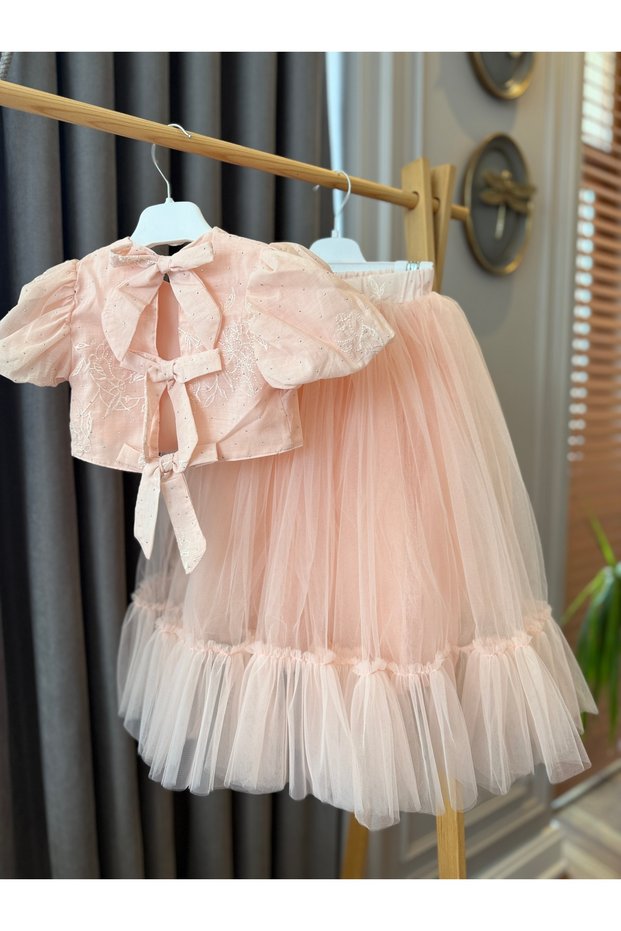 Babyaden Bow-Tie Back Tie-Up Embroidered Crop Top & Long Skirt Girls' Set