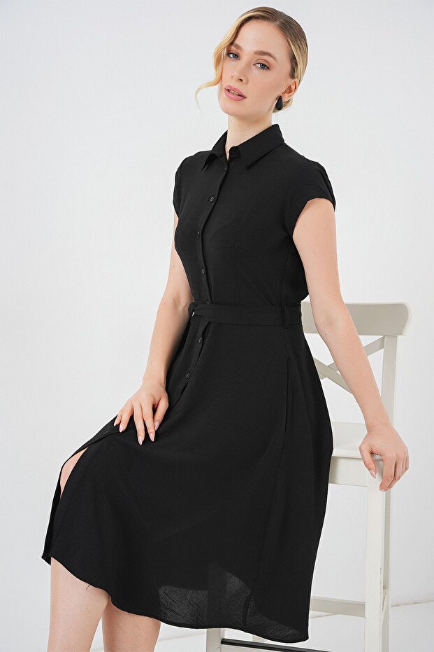 Bdart Belt Detailed Buttoned Shirt Collar A-Line Midi Dress