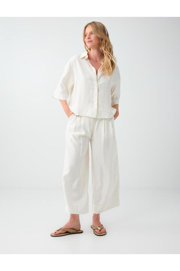 Off-White Relaxed Fit Wide Leg Striped Modal Woven Trousers