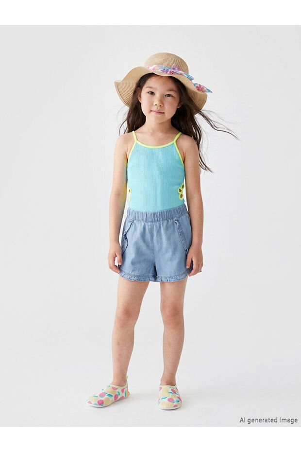 Uv Protected Square Collar Girls' Swimsuit