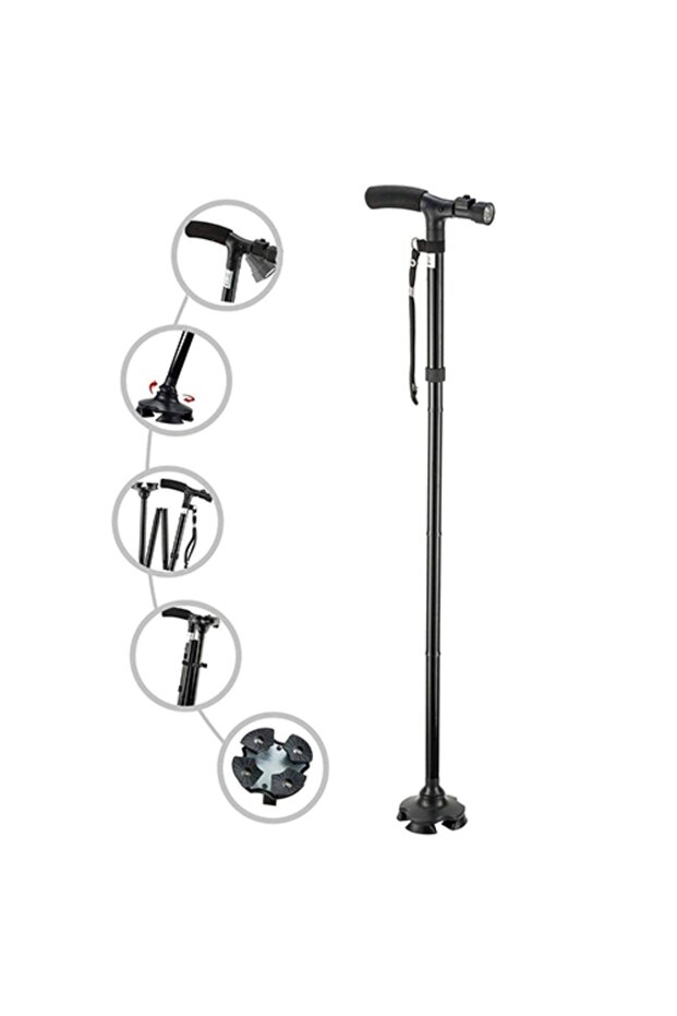 Walking Aid Cane with Circular Base and Flashlight - 1