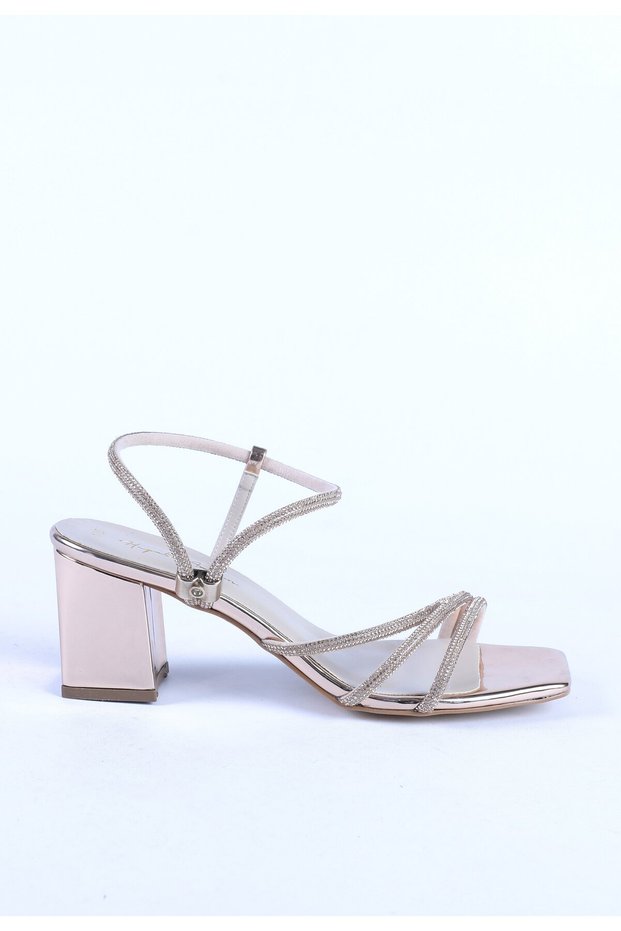 Women's Stone Detailed Blunt Toe Thick Heeled Sandals Evening Dress Shoes Rose