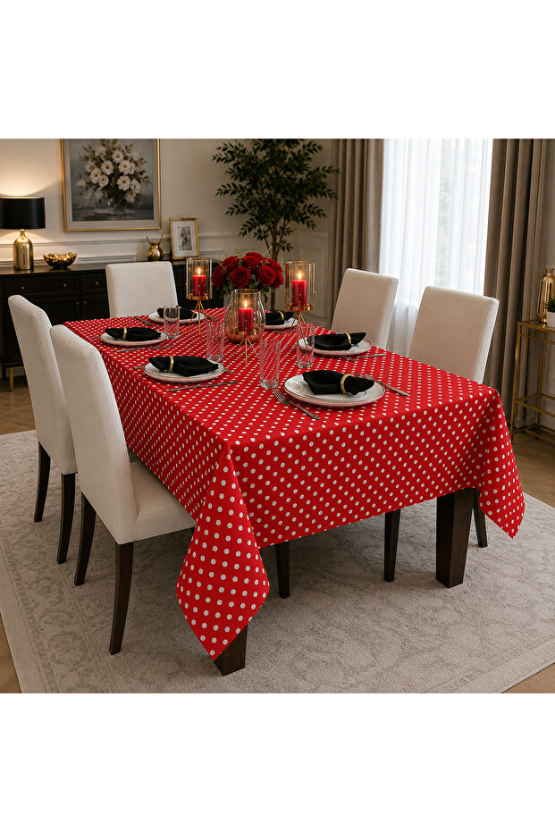 Sunshine Red Polka Dot Tablecloth | Liquid Proof & Stain Resistant | Custom Size Production | Oeko-Tex ® 100