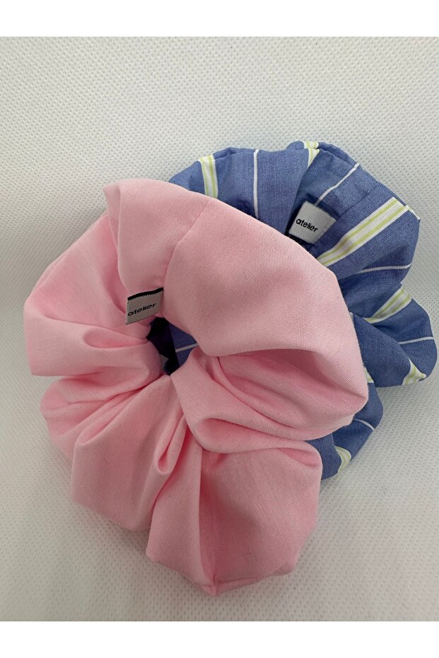 Candy Cotton & Striped Indigo Scrunchie Set of 2