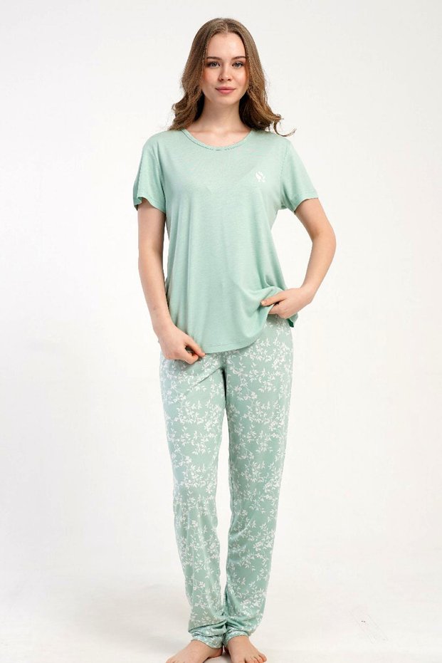Women's Short-Sleeved Green Pajama Set Relaxed Fit Summer Home Wear C7T1N2215