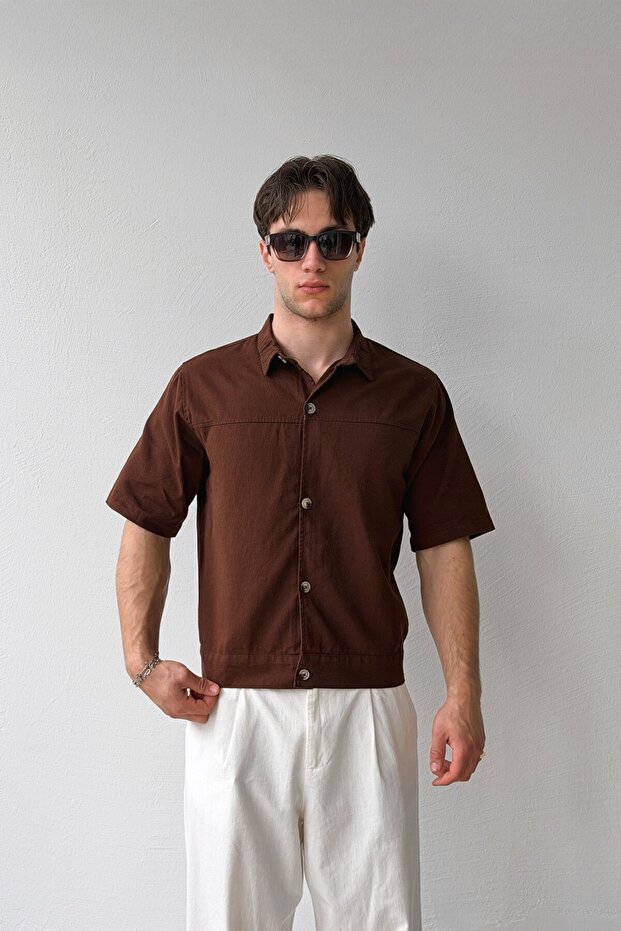 Stitched Short Sleeve Brown Gabardine Shirt