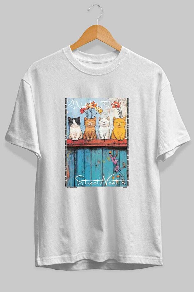For the Sake of Cats 14 Front Cat Printed White Oversize T-Shirt 100% Cotton Unisex Cat Lover Premium Design