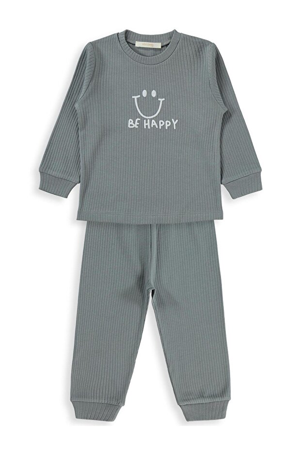 Smiling Face Printed Pajama Set | Interlock-Interlock | School Nursery and Daily Use - Gray