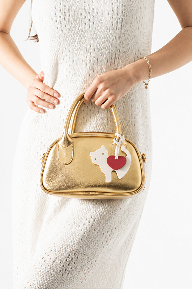 Clove Model Cat and Heart Charmli Gold Women's Hand and Shoulder Bag