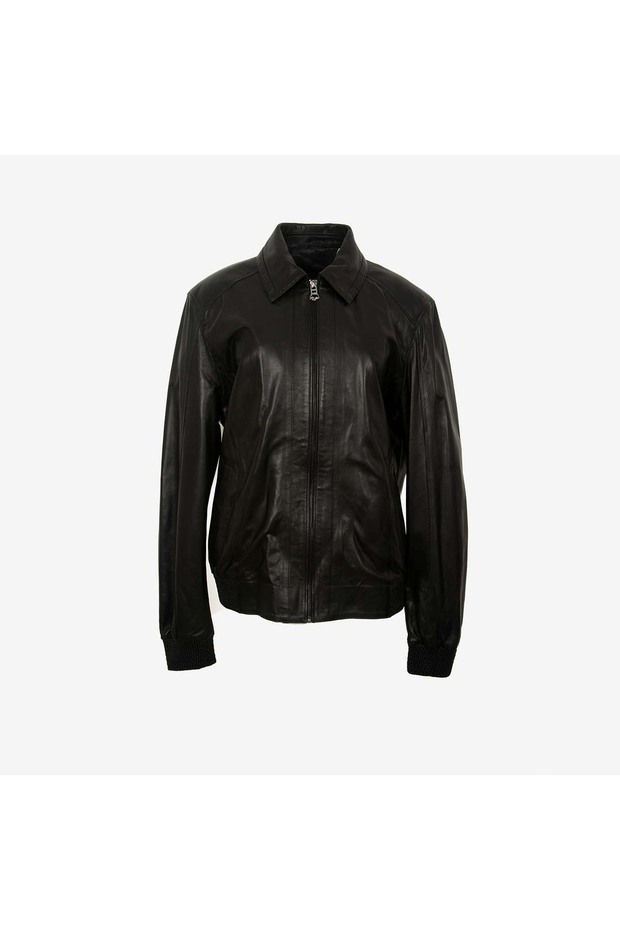 Men's Shirt Collar Sleeves Cuffed Zippered Black Leather Coat K-909