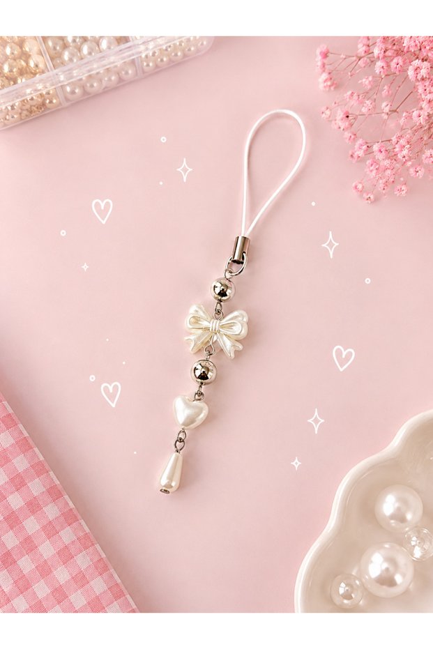 Pearl Bow Heart Phone Charm | Camera Charmı | White Kawaii Phone Ornament | Y2K Cute Girl Phone Accessory