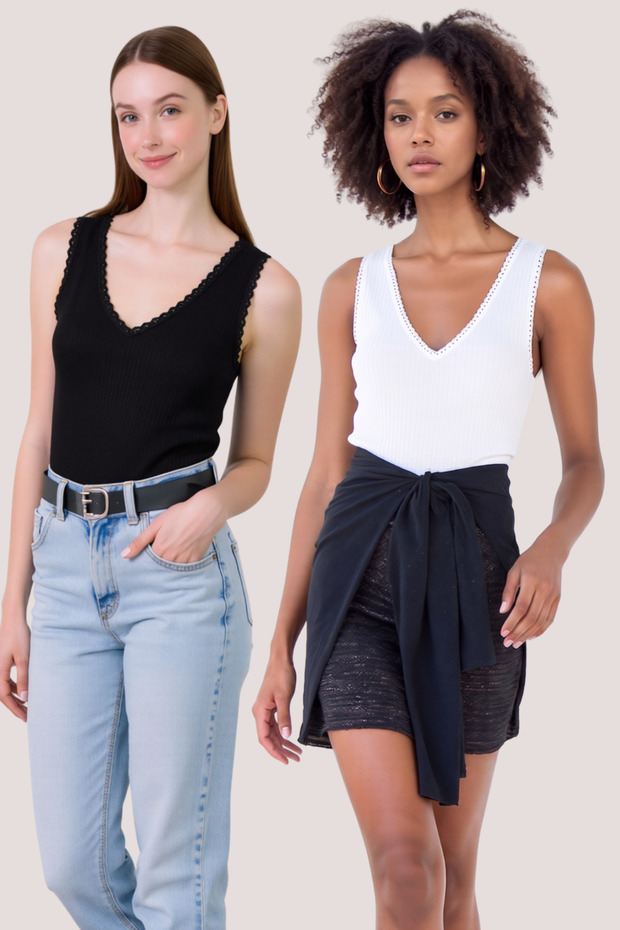 Women's 2-Piece V-Neck Lace Detailed Stretchy Viscose Ribbed Undershirt - 2-Piece Advantage Pack
