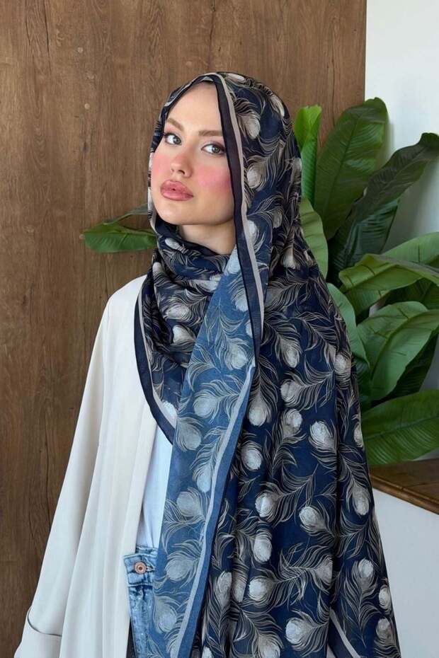 Feather Patterned Shawl Navy Blue - 4