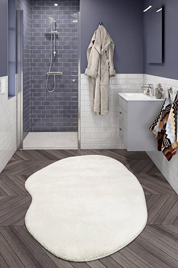 Puffy Cream Amorphous Bath Rug Soft Modern Decorative Organic Shape Premium Bath Mat (80X120)