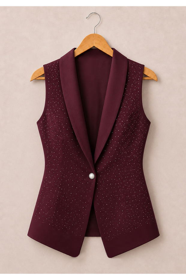 Women's Sleeveless Collared Stoned Open Front Atlas Vest