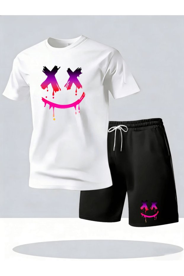 Purple Color Graffiti-Shaped Printed Men's Premium Oversize Top and Bottom Set T-Shirt and Shorts Set