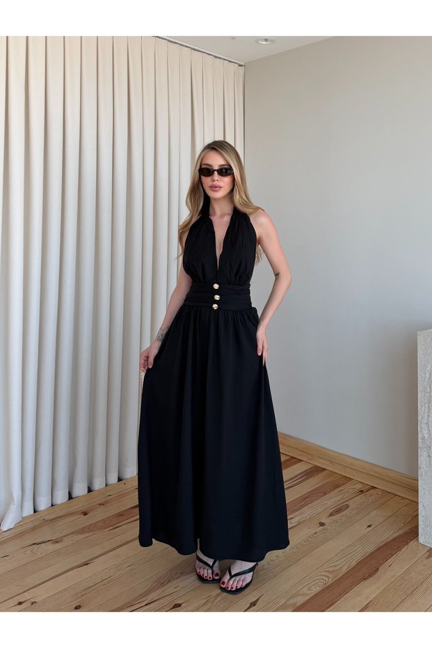 Black Halter Neck Dress with Gold Accessory Detail - 205369
