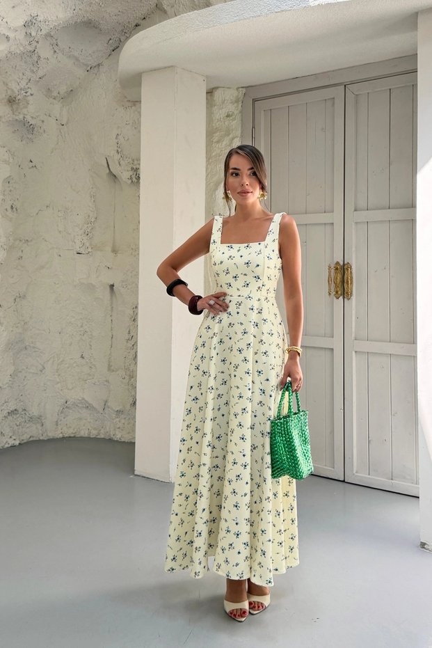 Women's Beige Back Tie Detailed Floral Patterned Stylish Summer Dress