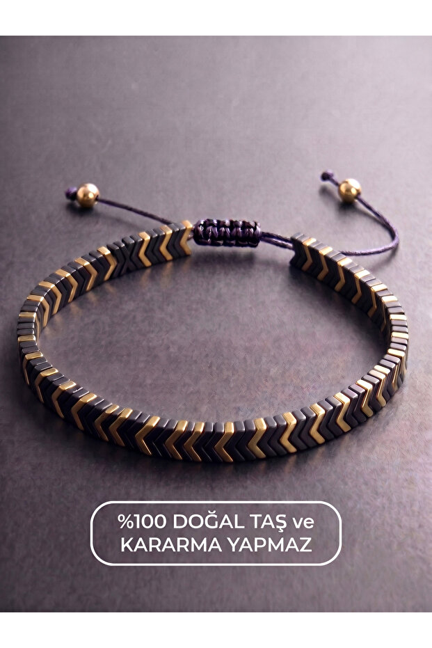 Sergeant Model Hematite Stone Bracelet - Arrow Patterned Adjustable Drawstring Unisex Accessory - 2
