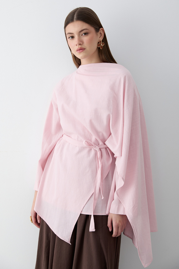 Women's Pink Linen Belted Tunic with Scarf Detail