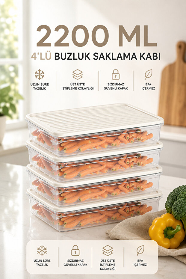 4-Piece Refrigerator & Freezer Organizer 2200 ml Microwave Compatible Crisper Storage Container Transparent Organizer