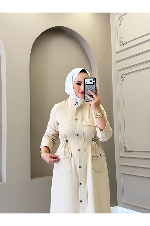 Women's 2-Piece Double Crepe Set with Buttoned Long Tunic and Wide-Leg Pants N-05526 _ Beige