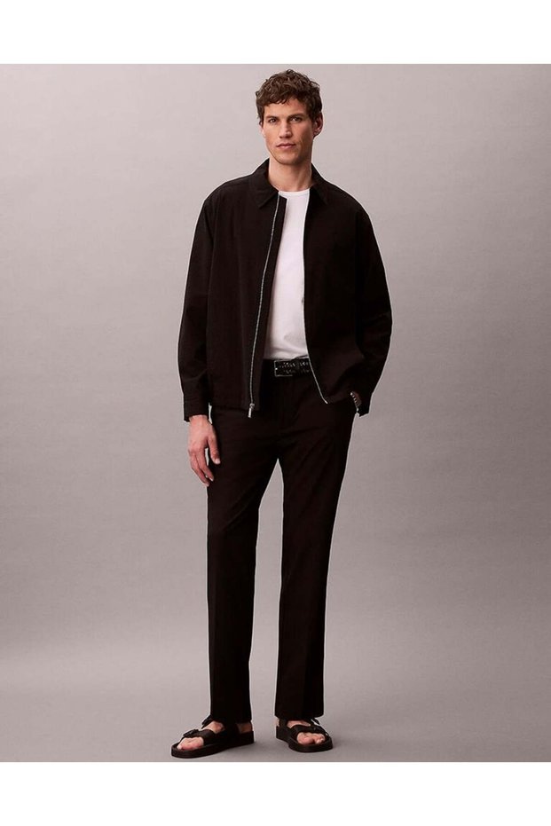 Straight Seersucker Half Elastic Men's Semi-Elastic Straight-Leg Pants Black
